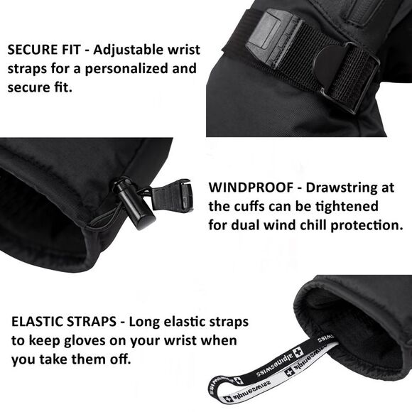 Alpine Swiss Mens Waterproof Snow Gloves Zipper Pockets Winter Sport Mittens - Picture 5 of 6